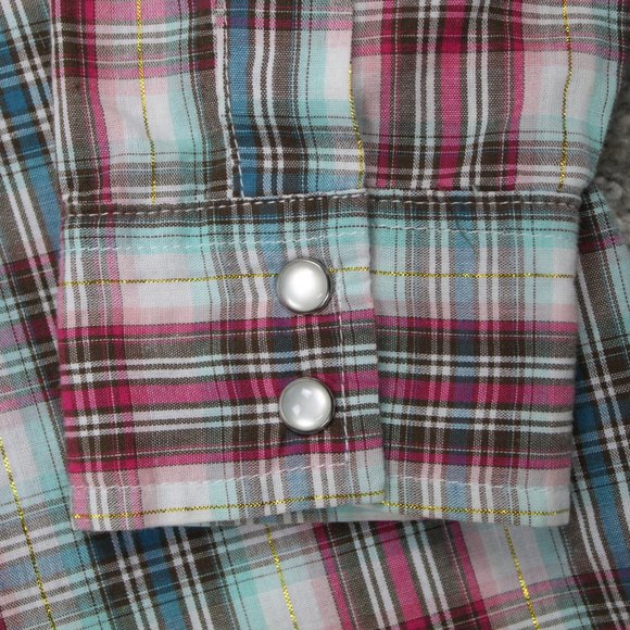 Wrancher Wrangler Pearl Snap Shirt Mens 2XL XXL  Pink/Blue w/Gold Metallic Strip - Picture 6 of 11